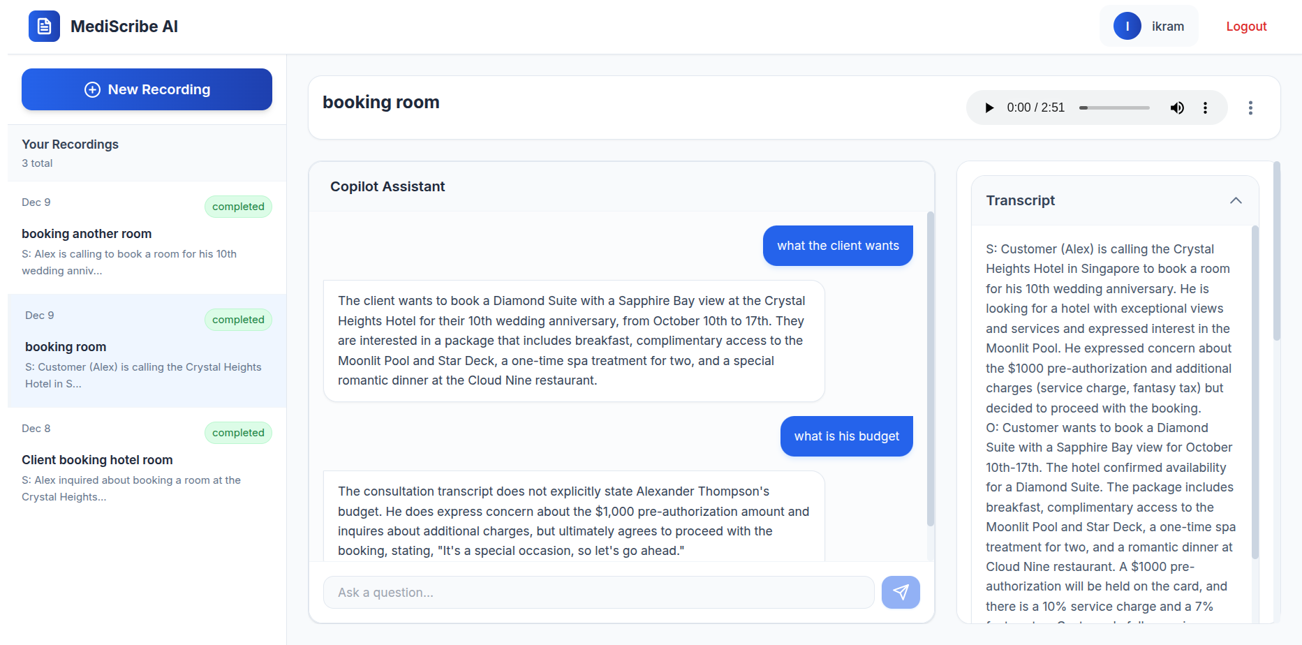 Mediscribe: AI Medical Transcription & Clinical Summaries – AI/RAG project screenshot